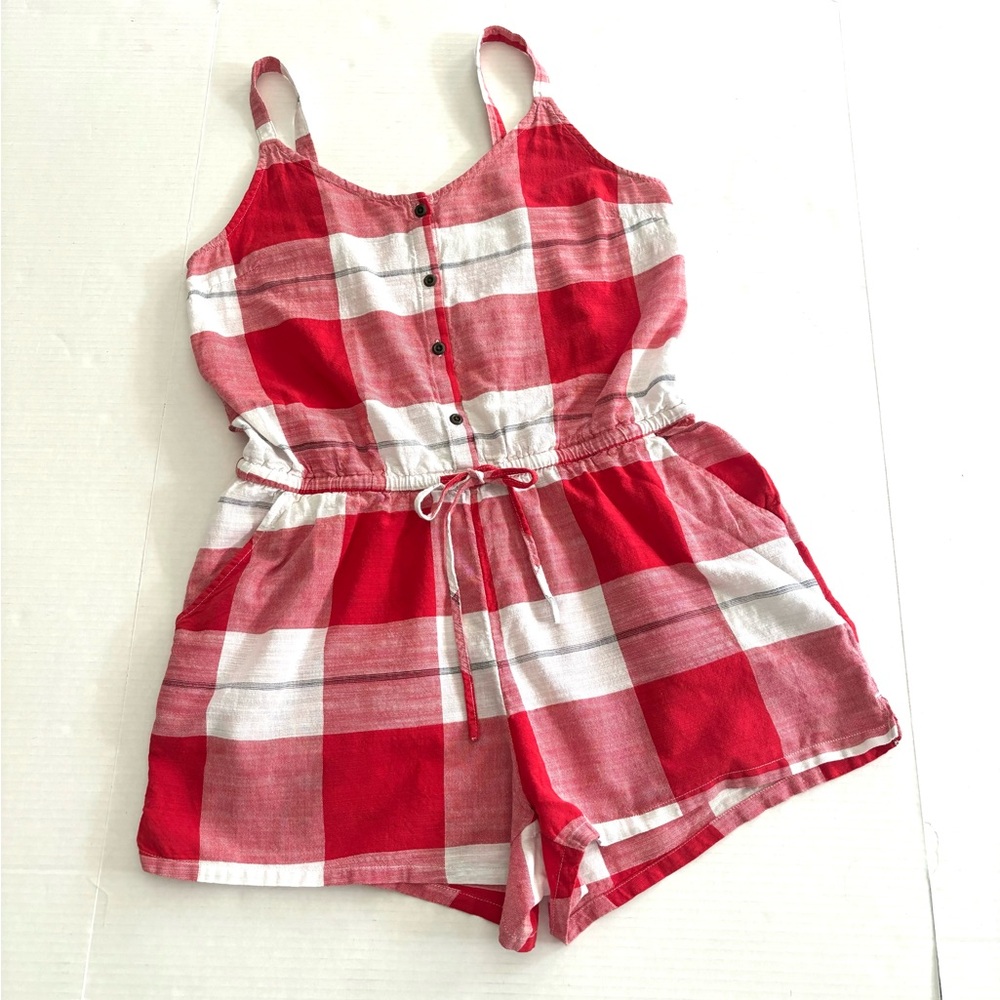 Romper Shorts Red White Plaid Sleeveless Cotton Button Front Pockets‎ Women’s M